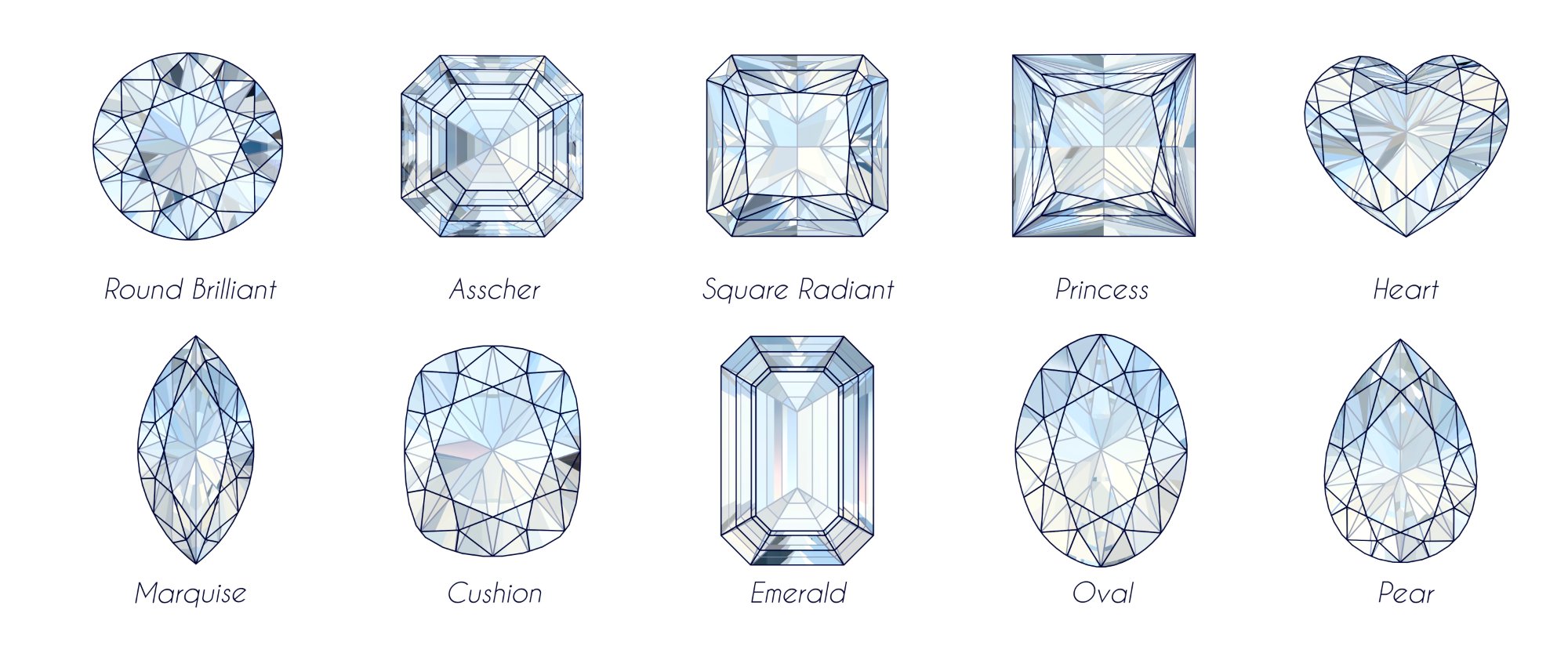 Diamond Shapes - Round Brilliant, Asscher, Radiant, Princess, Heart, Marquise, Cushion, Emerald, Oval, Pear